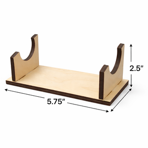 Wooden relay baton stand with measurements showing 5.75 inches wide and 2.5 inches deep