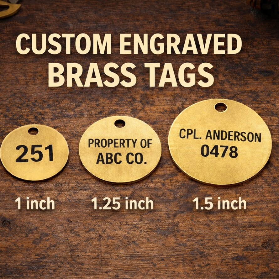 Three custom engraved brass tags on a wooden background with text indicating sizes and engravings.