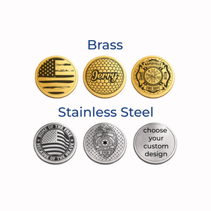 Collection of brass and stainless steel coins with customizable designs on a white background.