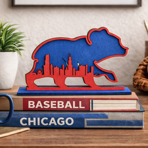 Chicago Cubs skyline mini wooden shelf sign with 3D bear design