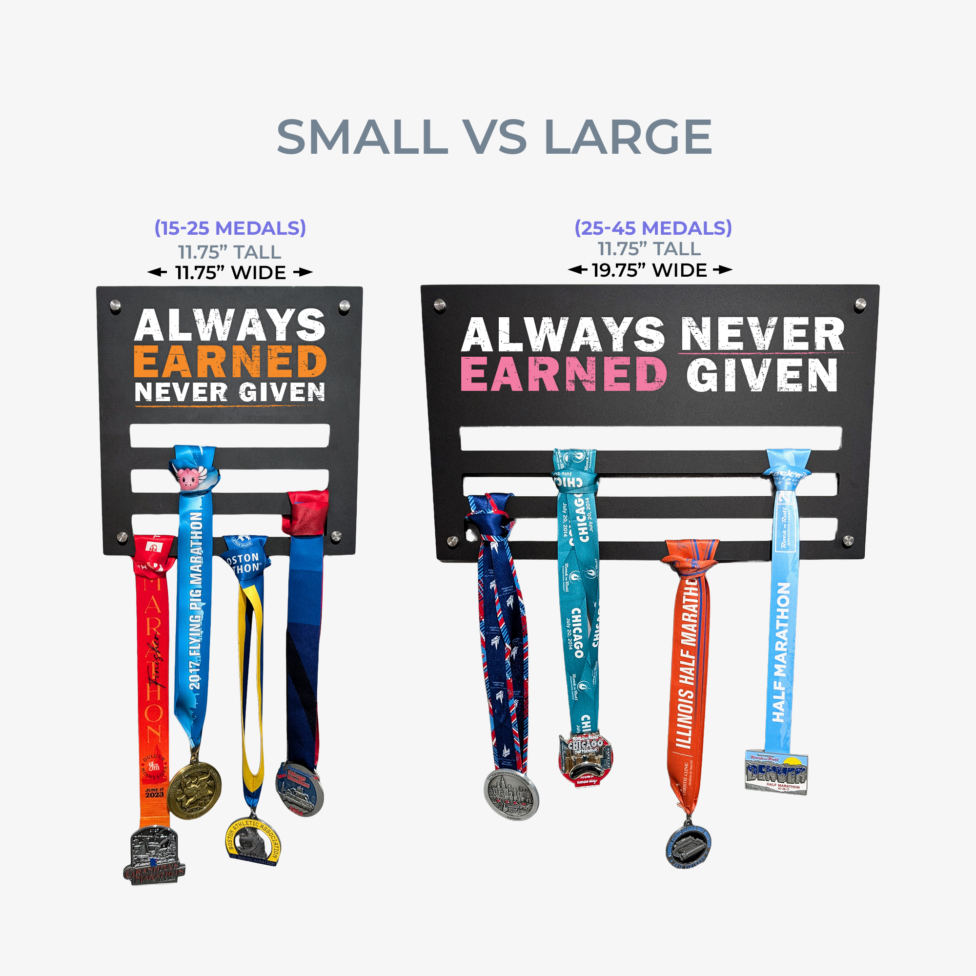 Two medal holders labeled 'Small' and 'Large' with medals displayed on a white background.