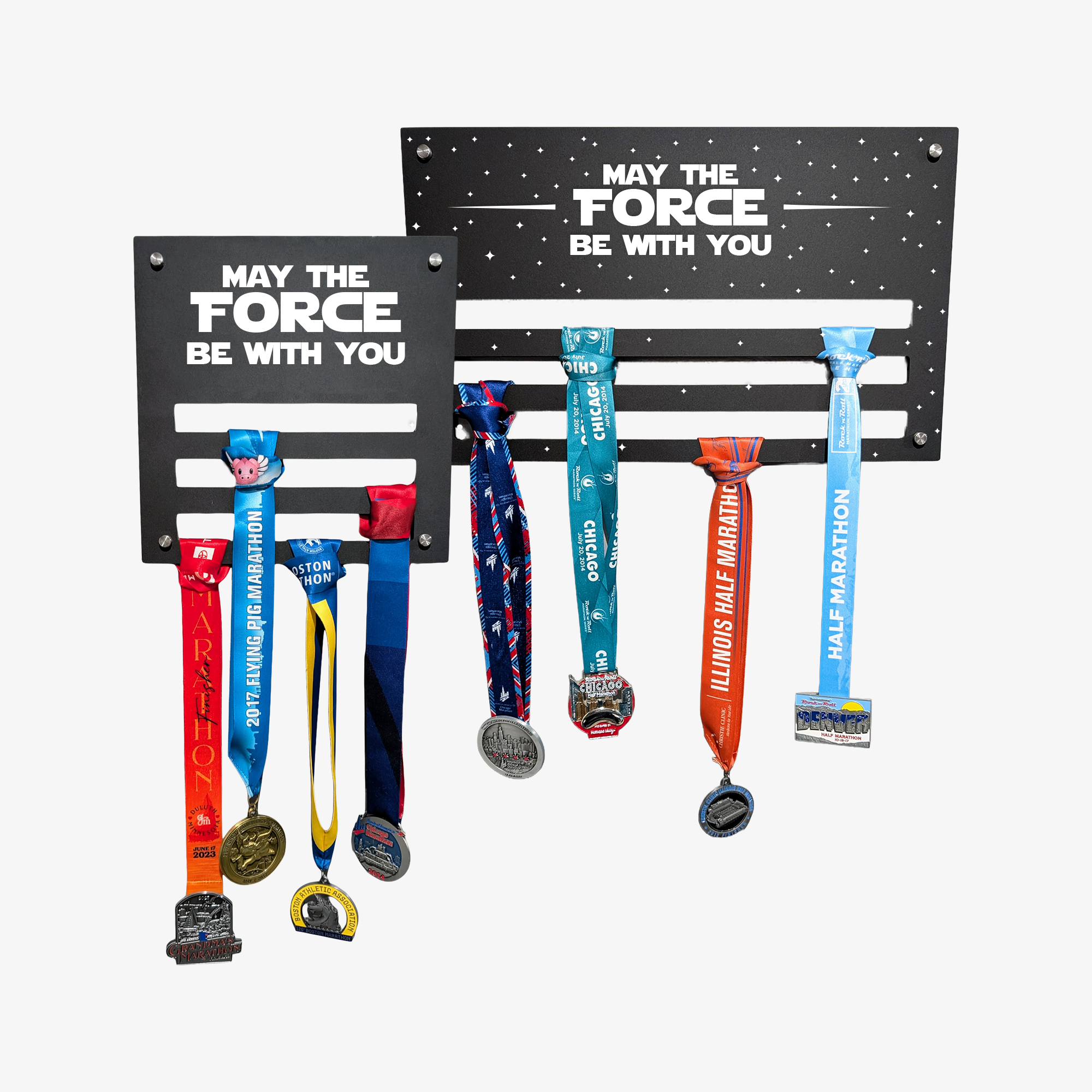 Medal holder with medals on a white background, featuring the text 'May the Force Be With You'.