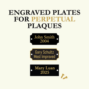 Engraved plates for perpetual plaques with sample names and years on a white background.