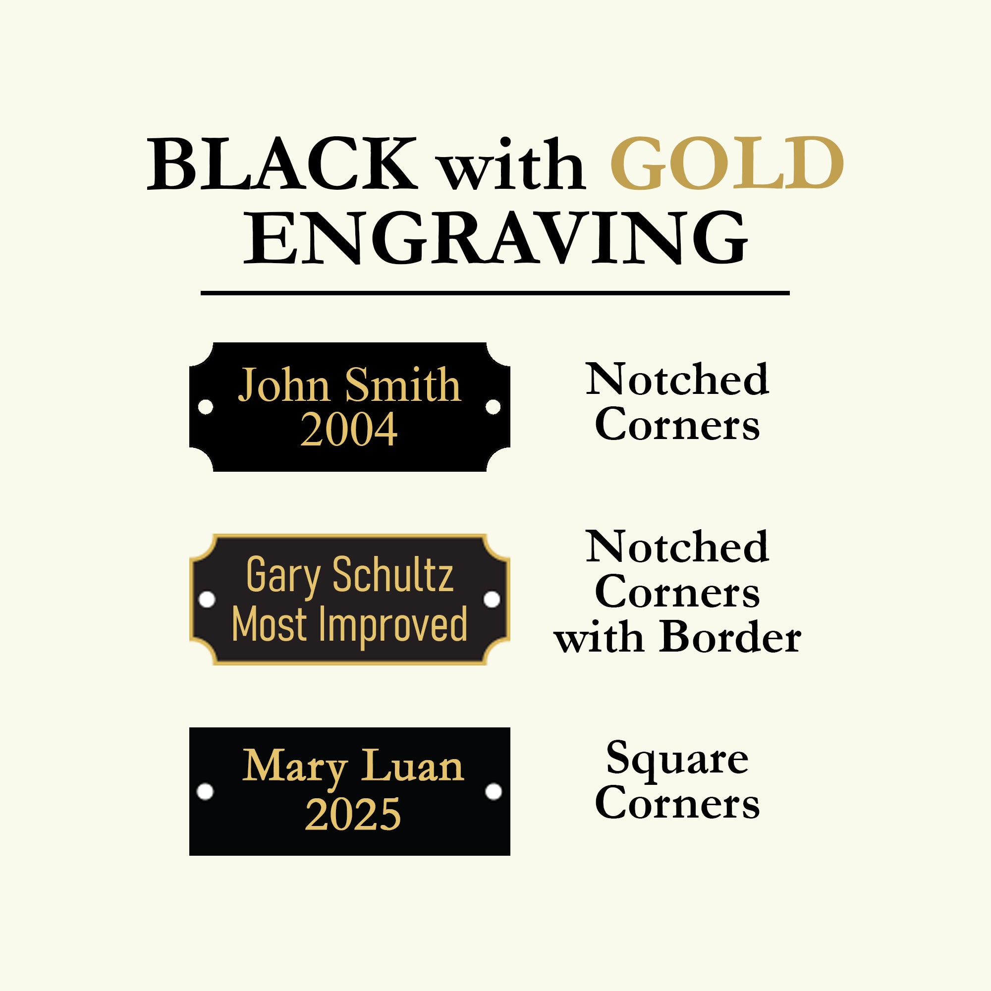 Black nameplates with gold engraving on a white background