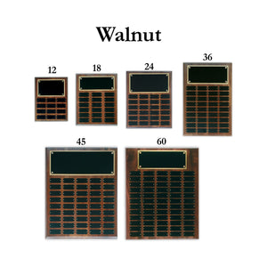 Set of wooden plaque sizes with numbers on a white background, labeled 'Walnut'.