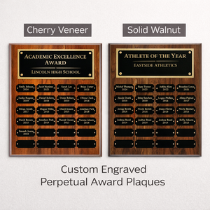 Two custom engraved perpetual award plaques with cherry veneer and solid walnut finishes on a white background.
