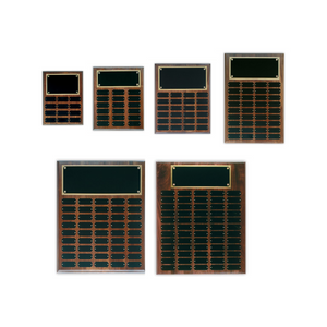 Set of six bronze and black commemorative plaques on a white background