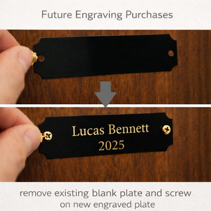 Engraved nameplate being attached to a wooden surface with text indicating future engraving purchases.