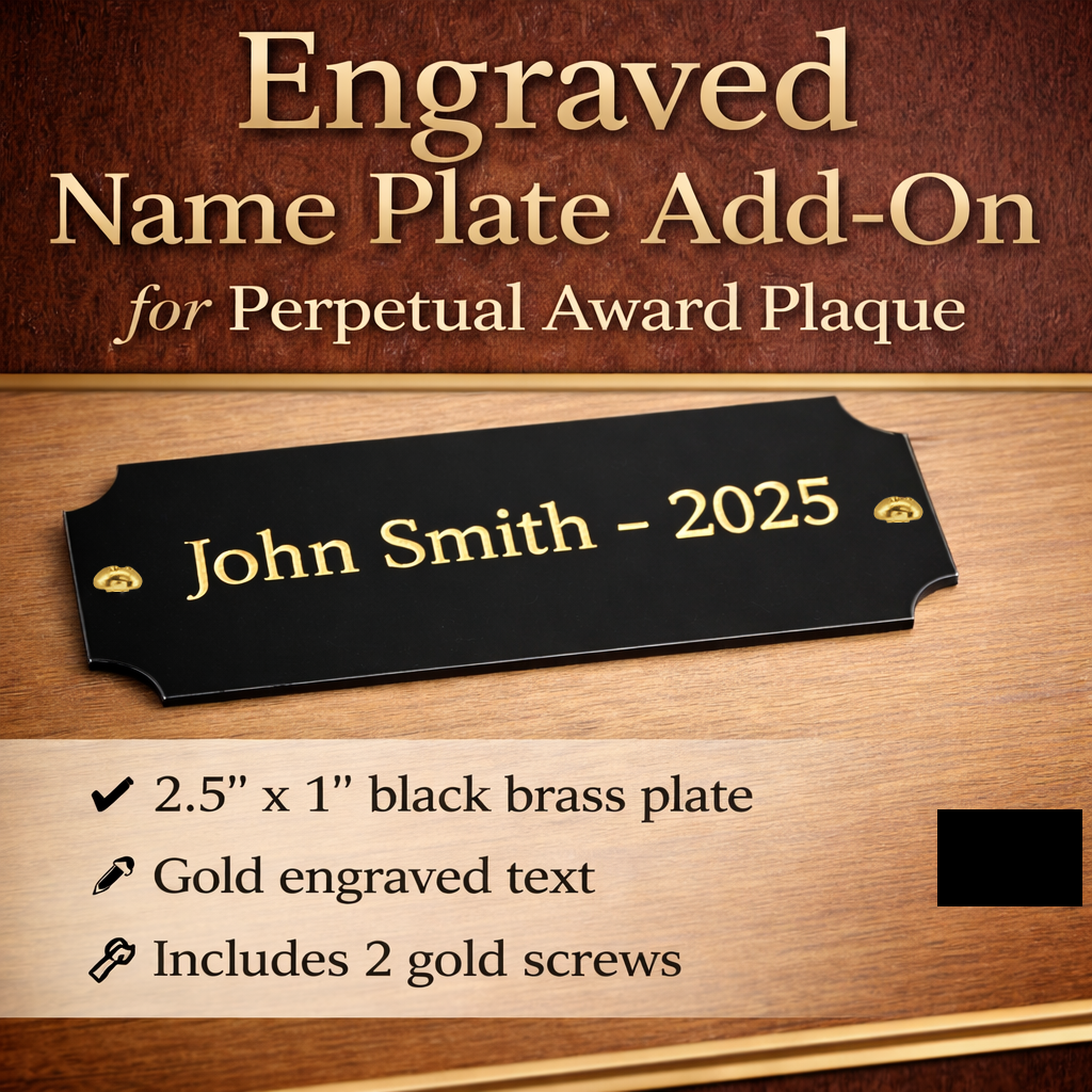 Engraved name plate add-on for perpetual award plaque with text and details.