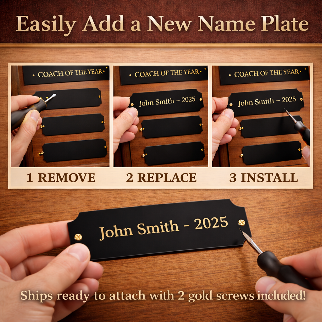 Instructions for adding a new name plate on a wooden surface with text overlay.