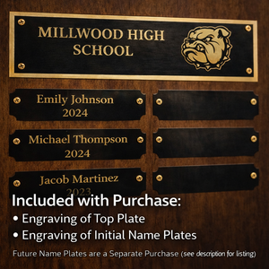 MILLWOOD HIGH SCHOOL nameplate with engraved names and year on a wooden background