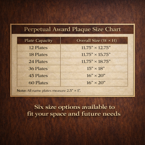 Perpetual Award Plaque Size Chart on a wooden background