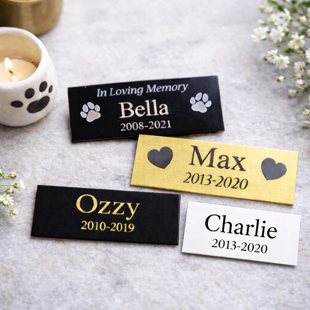 Memorial nameplates for pets with years of life on a gray surface with candles and flowers.