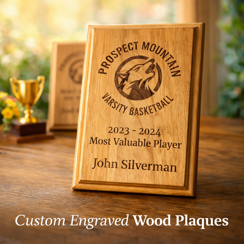 Wooden plaque with engraved text on a wooden surface, featuring a trophy in the background.