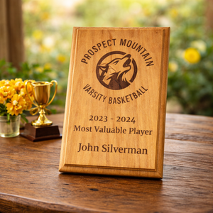 Wooden plaque for Prospect Mountain Varsity Basketball Most Valuable Player on a wooden table with flowers and a trophy.