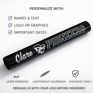 Black personalized relay baton with 'Clare Pioneers' text on a white background