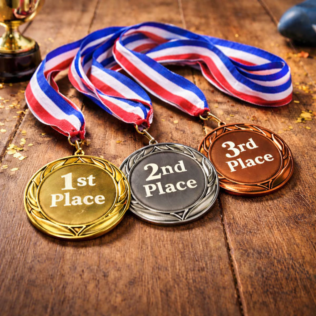 Gold, silver, and bronze medals with ribbons on a wooden surface