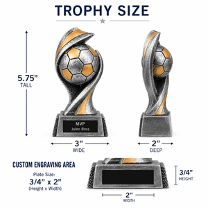 Soccer trophy with dimensions and engraving area details on a white background
