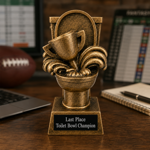 Bronze trophy labeled 'Last Place Toilet Bowl Champion' on a desk with sports equipment and documents.