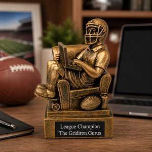 Bronze trophy of a football player on a laptop with sports-themed decor in the background