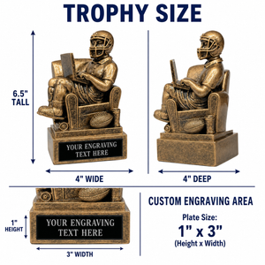 Bronze trophy of a person in a chair with a football, dimensions, and engraving details on a white background.