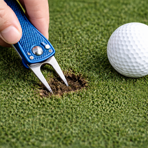 Golf divot tool and ball on grass