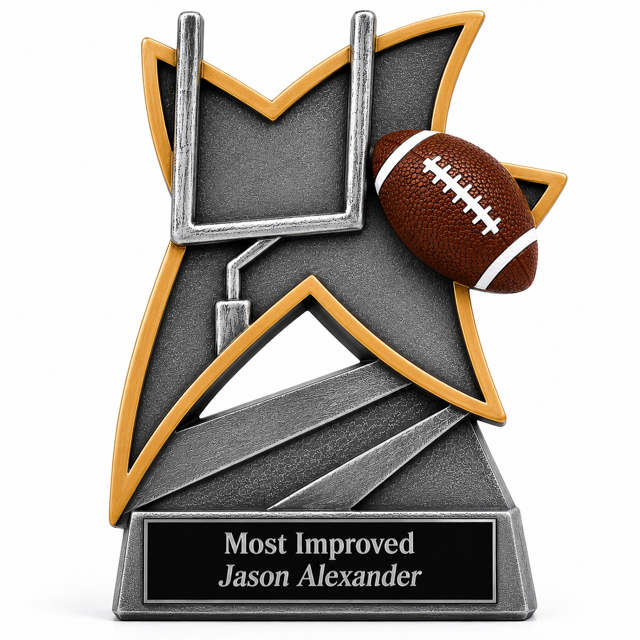 Personalized Jazz Series football trophy with black engraved name plate featuring silver text reading “Most Improved” and “Jason Alexander”.
