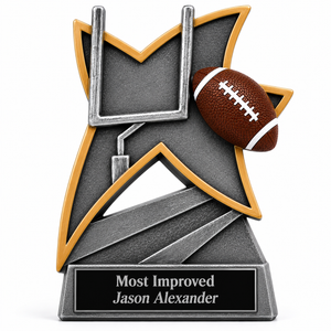 Personalized Jazz Series football trophy with black engraved name plate featuring silver text reading “Most Improved” and “Jason Alexander”.