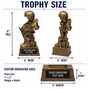 Bronze military-themed trophy with dimensions and engraving details on a white background