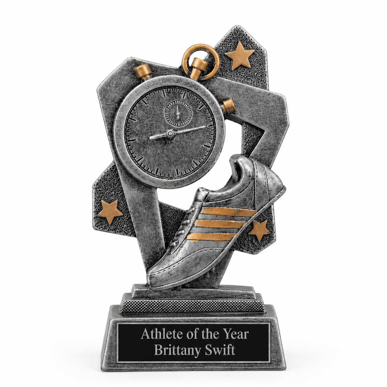 Trophy with clock and running shoe design on a white background
