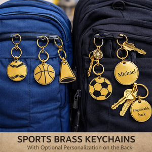 Gold sports-themed keychains on blue and black bags with text about personalization.