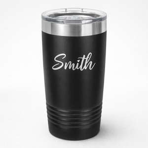 Black tumbler with 'Smith' engraving on a white background