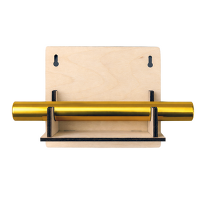 Wooden shelf with gold baton on a white background