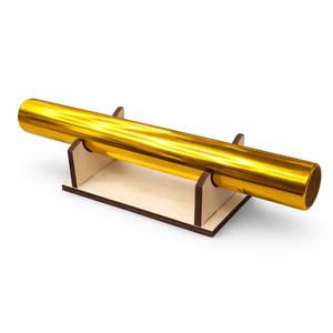 Wooden relay baton stand holding a gold track baton on a white background