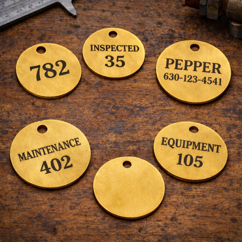 engraved brass tags on  a wood surface