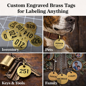 Collage of custom engraved brass tags for inventory, pets, keys & tools, and family members.