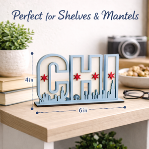 Decorative piece with 'CHI' letters on a shelf with books, plant, and camera in the background.