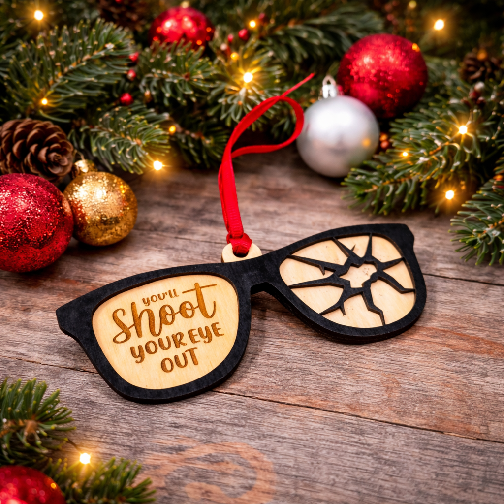 Wooden ornament shaped like sunglasses with text, surrounded by Christmas decorations on a wooden surface.