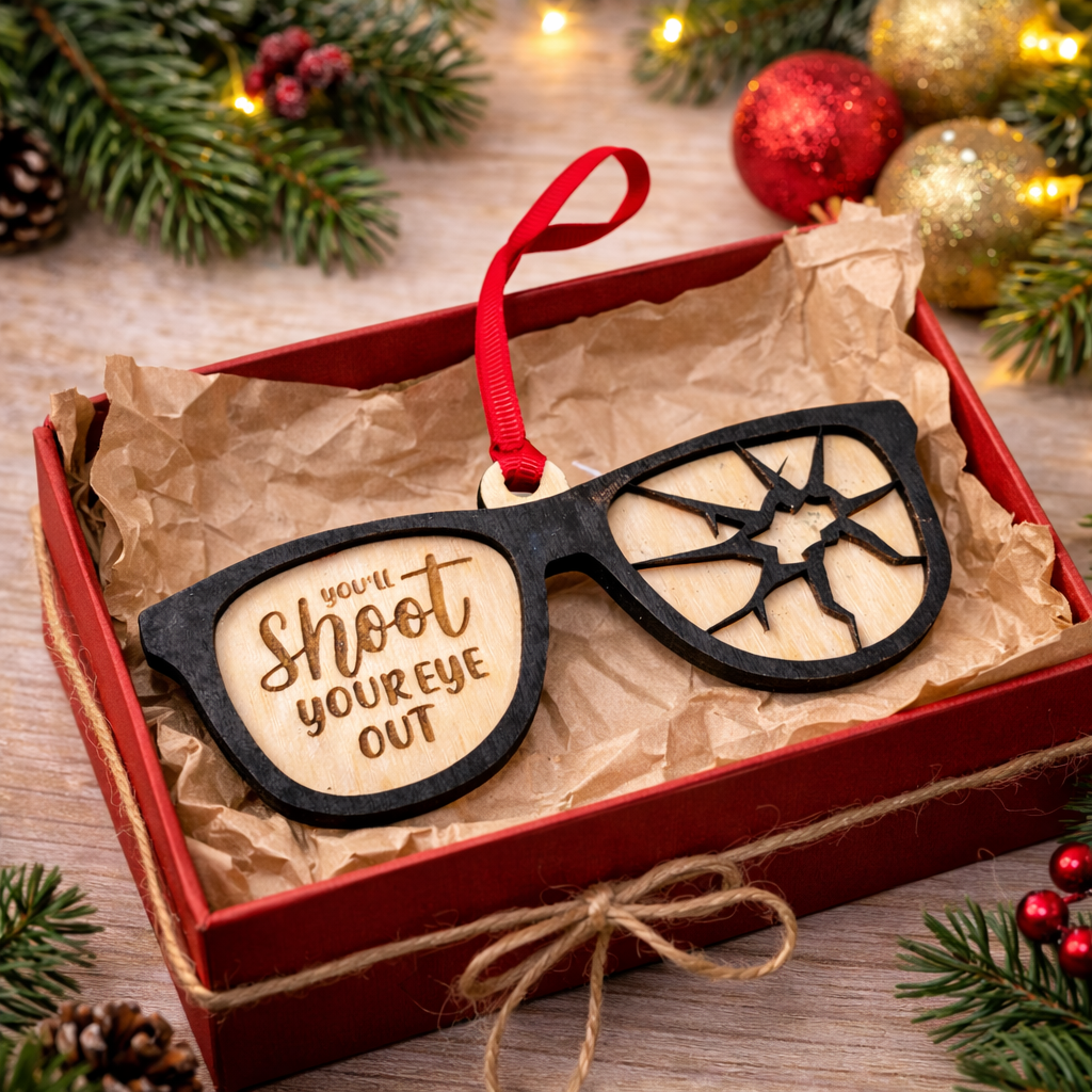 Decorative ornament resembling sunglasses with text in a box, surrounded by Christmas decorations.