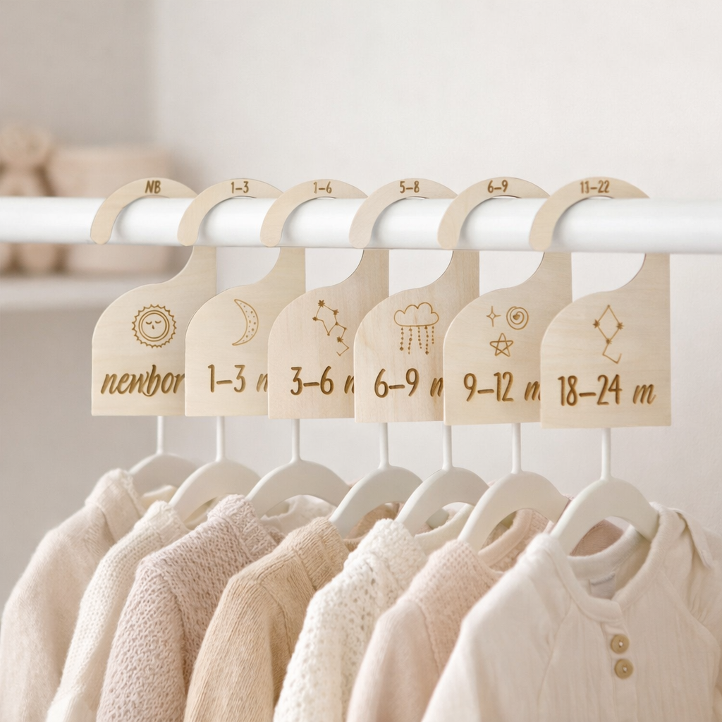 Set of baby clothes on hangers with size labels on a white rack.