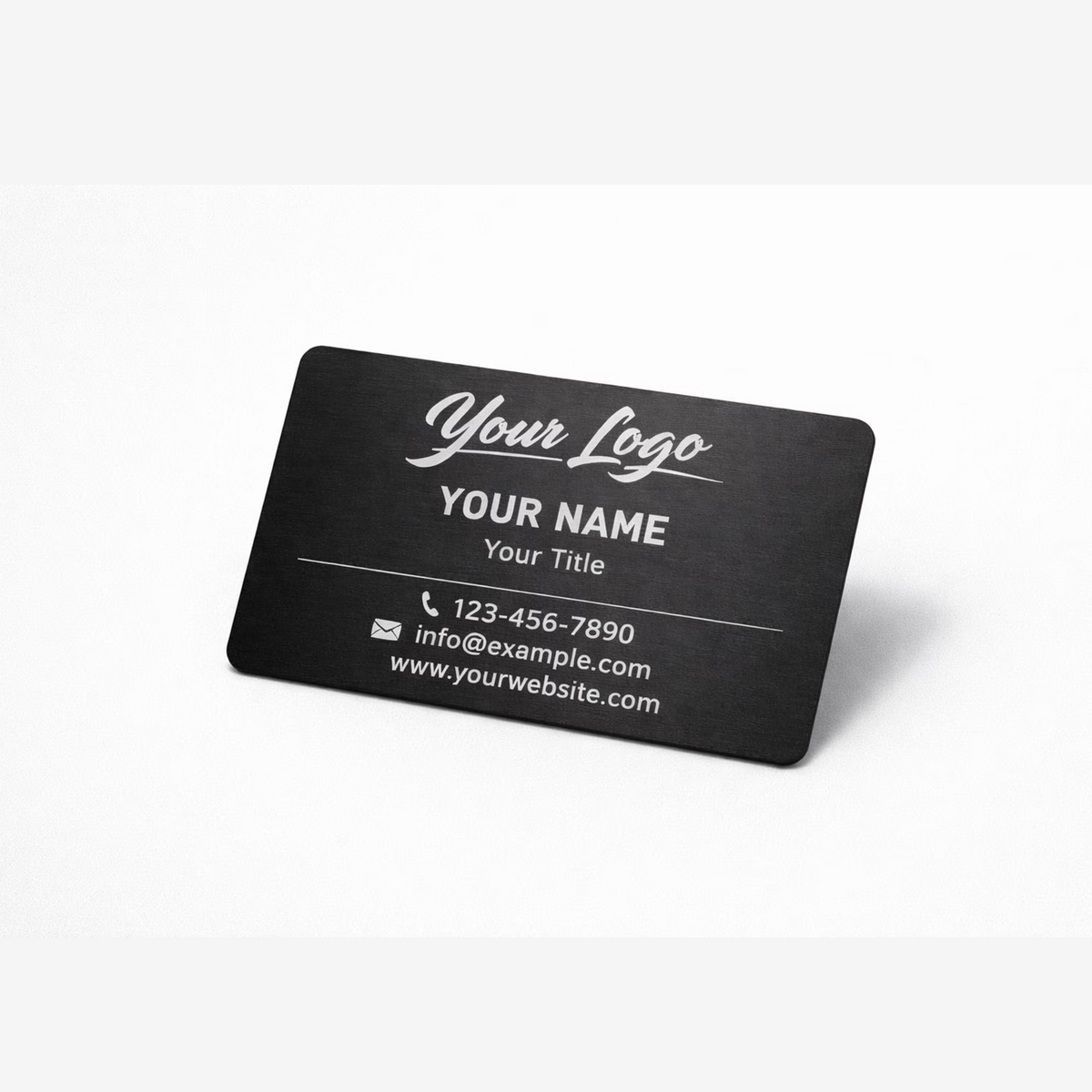 Black business card with customizable text on a white background