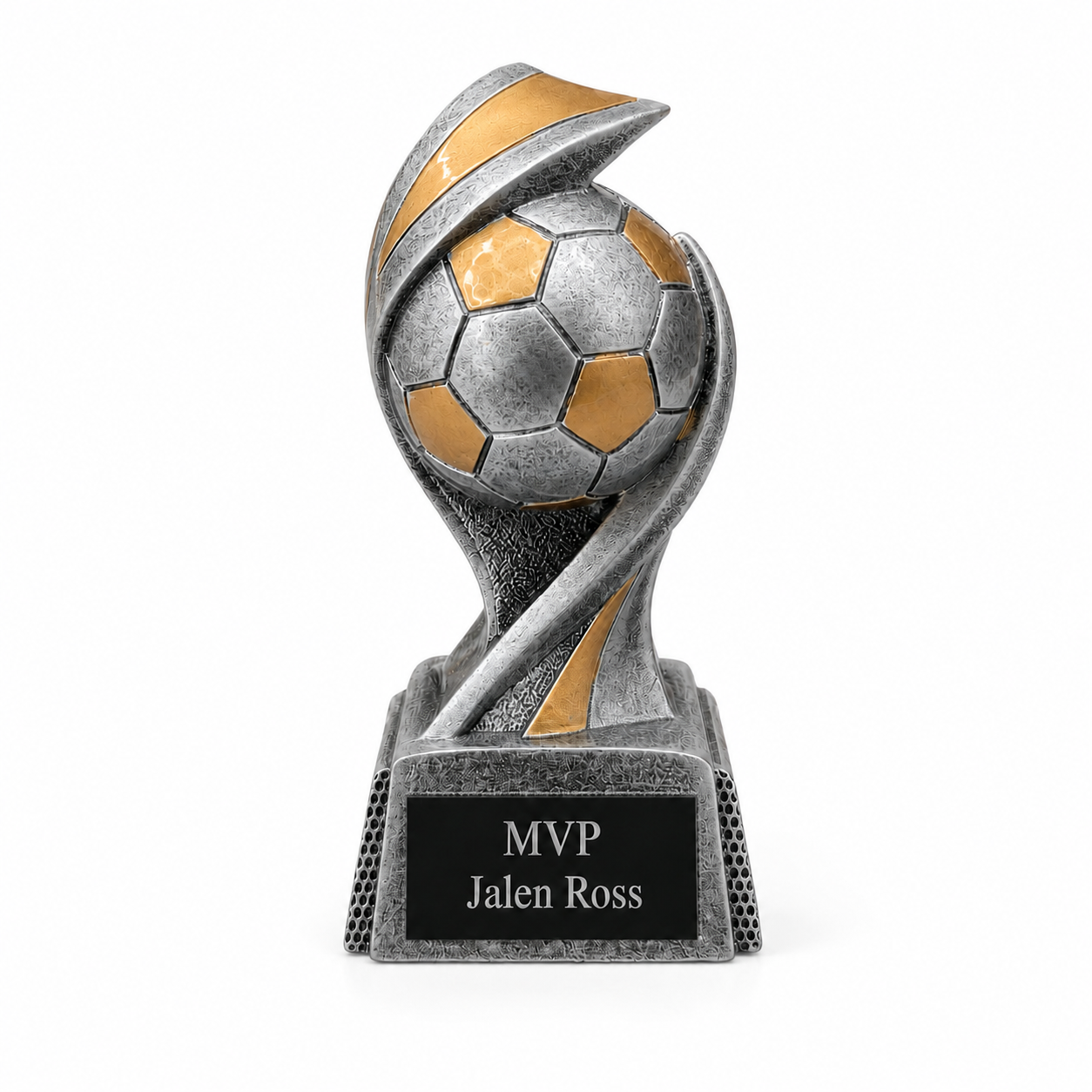 Soccer trophy with 'MVP Jalen Ross' engraving on a white background