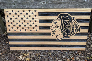 Carved Oak USA Flag - Chicago Blackhawks