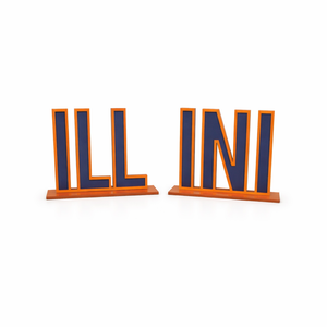 Two wooden letter stands with 'ILLINI' letters on a white background