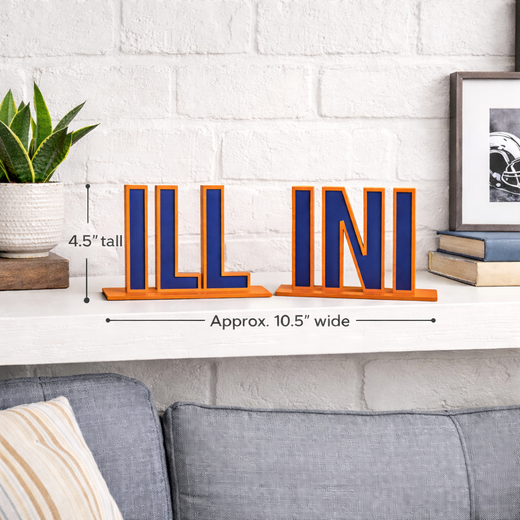Decorative letters spelling 'ILLINI' on a shelf with measurements displayed.