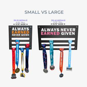 Two medal holders labeled 'Small' and 'Large' with medals displayed on a white background.