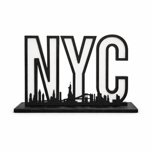 Decorative sign with 'NYC' and city skyline silhouette on a white background