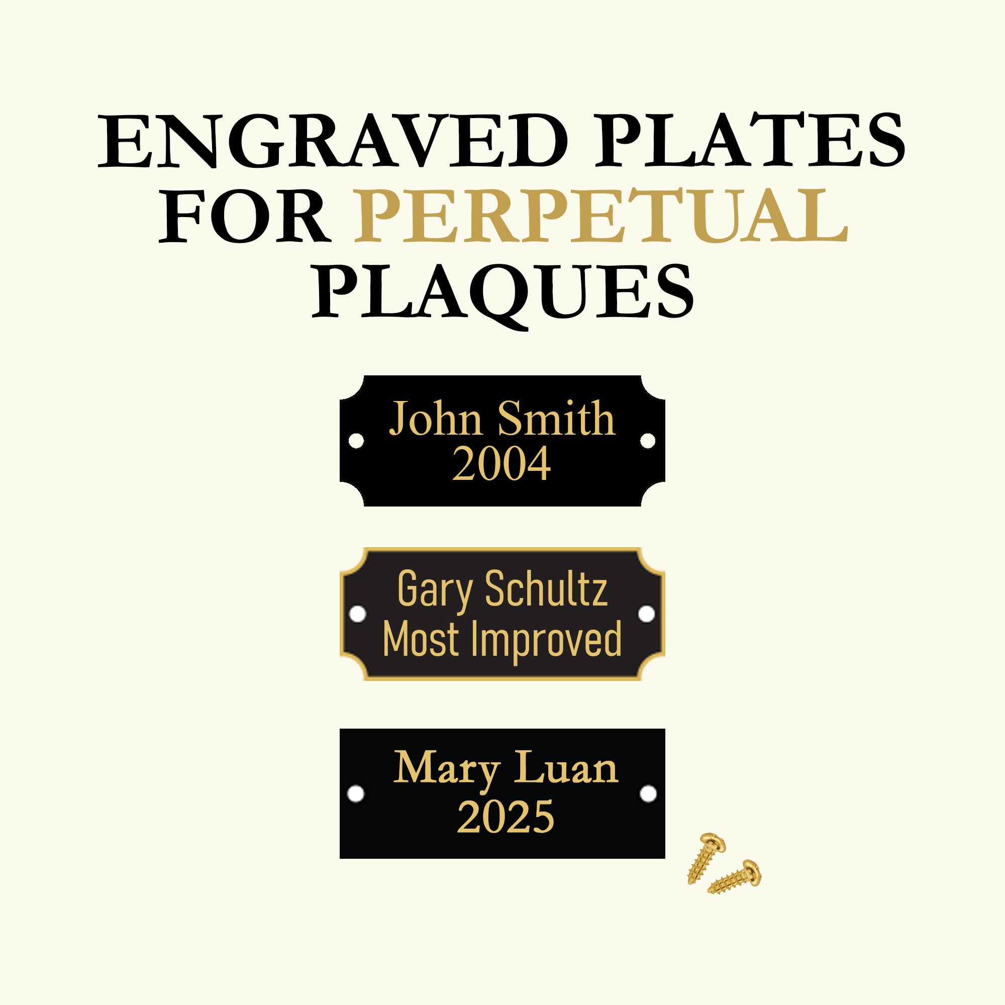 Engraved plates for perpetual plaques with sample names and years on a white background.