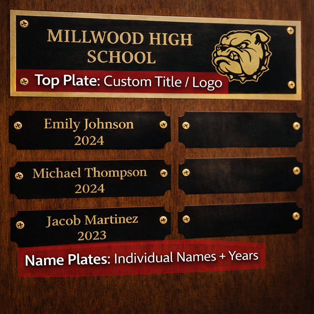 Millwood High School name plate with customizable top plate and individual name plates for students.