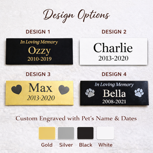 Four customizable pet memorial plaques with engraved names and dates on a light gray background.